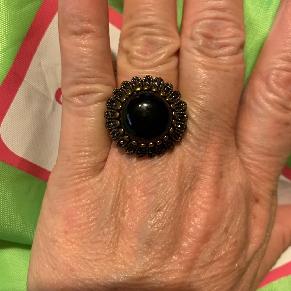 Premier Designs -Imperial Ring Antiqued matte brass genuine black agate/crystals
